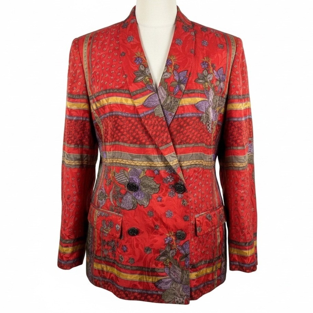 Anne Crimmins for UMI Collections Red Silk Floral Jacket L Vintage Boho Colorful